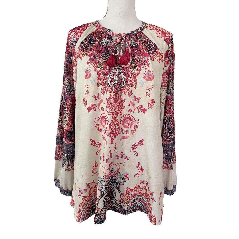 Farmers Market Paisley Lace Trim Balloon Sleeve Peasant Blouse‎ Size L Pink Boho